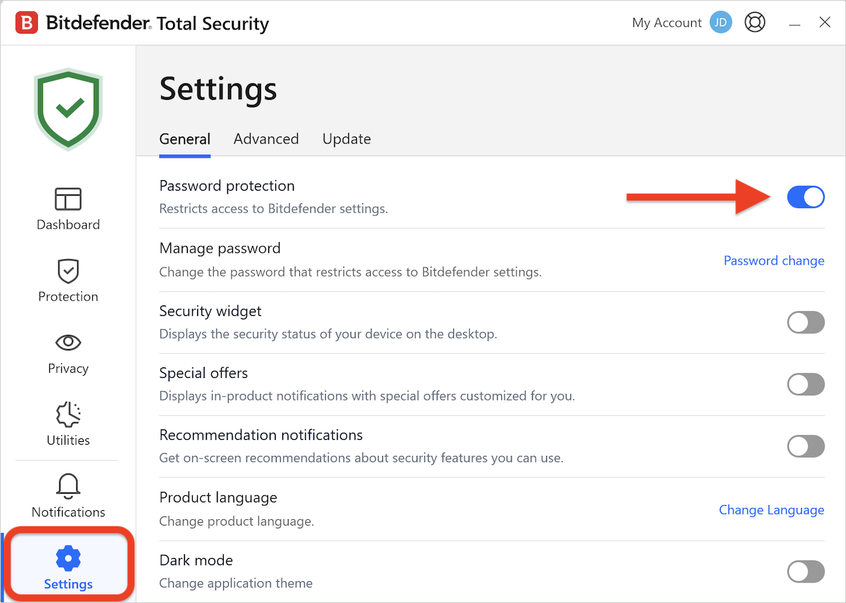 Turn off the Bitdefender settings password