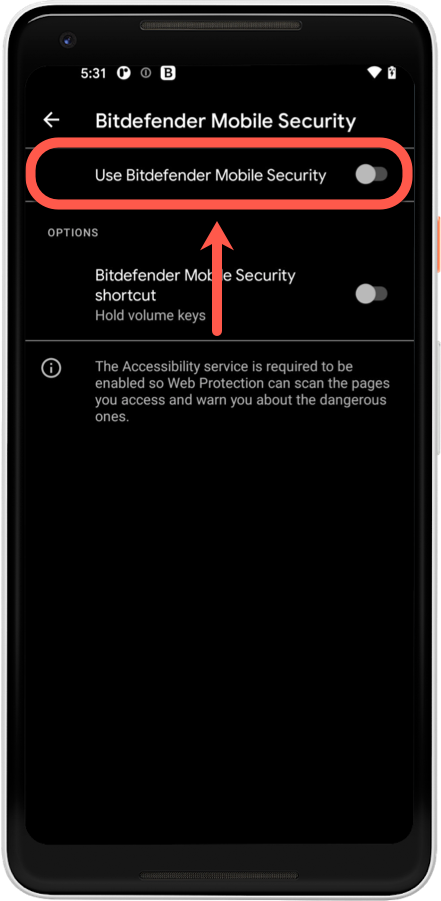 Wenn sich der Internet-Schutz ausschaltet, lassen Sie Bitdefender in der Eingabehilfe zu und schließen Sie die App in den Batteriesparoptionen aus.