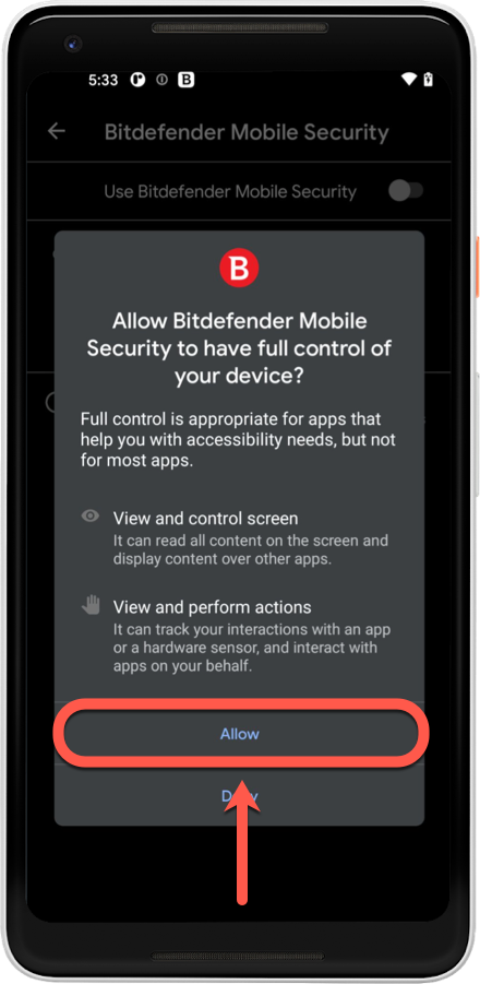 Wenn sich der Internet-Schutz ausschaltet, lassen Sie Bitdefender in der Eingabehilfe zu und schließen Sie die App in den Batteriesparoptionen aus.