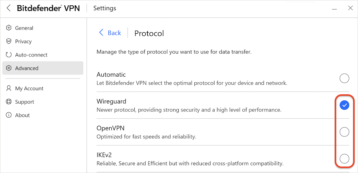 Ändern von Protokollen in Bitdefender VPN