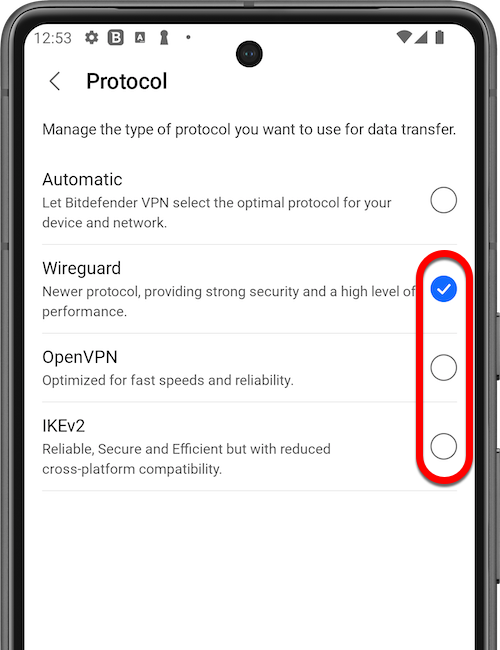 Umschalten von Protokollen in Bitdefender VPN