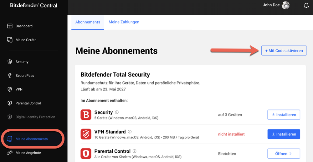 Meine Abonnements in Bitdefender Central