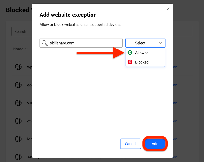 Add website exception