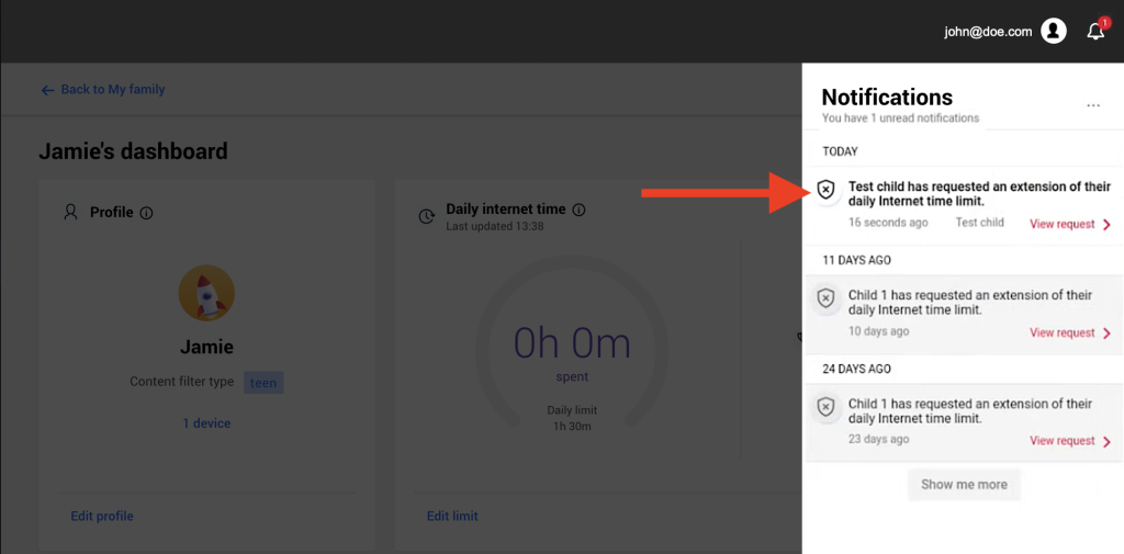 Notifications: Child has requested an extension of their daily Internet time limit.