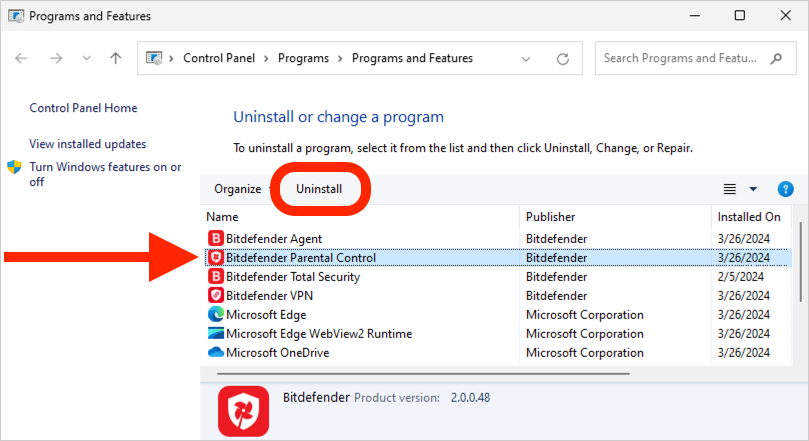 uninstall Bitdefender Parental Control on Windows