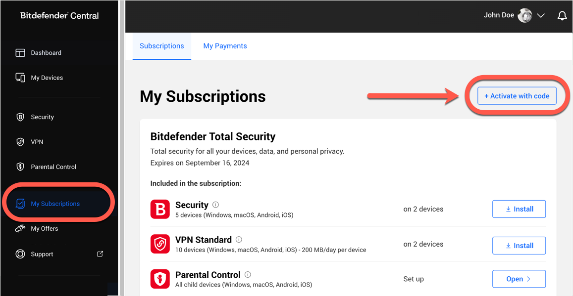 Meine Abonnements - Bitdefender-Abonnement verlängern