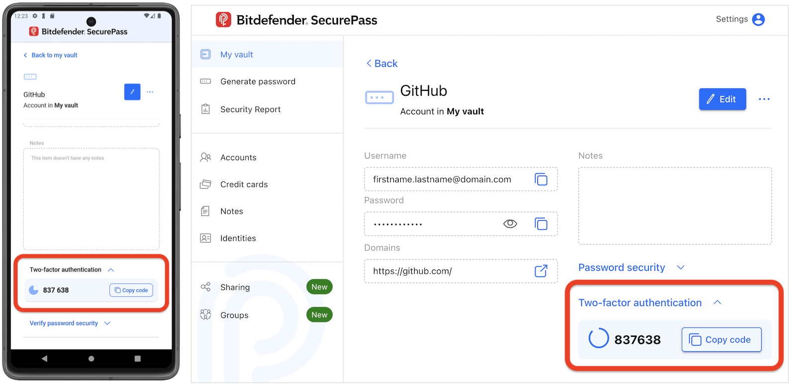 Bitdefender SecurePass 2FA - Code kopieren